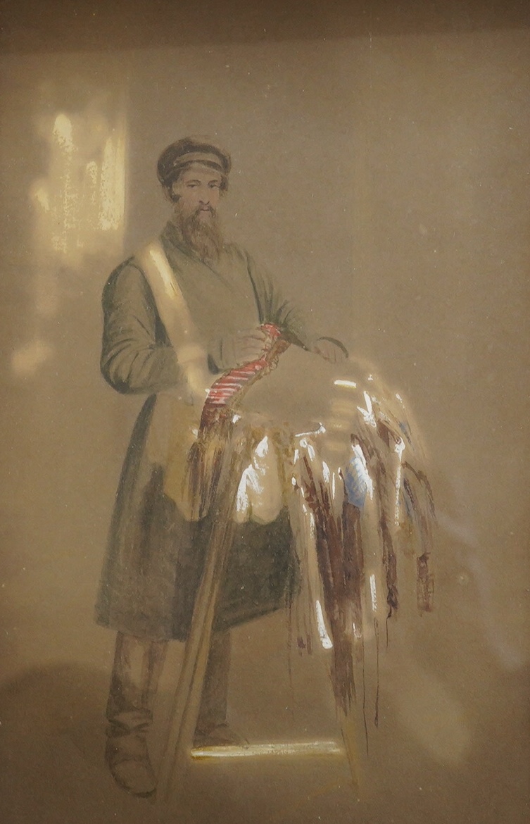 19th century, Russian School, three watercolours and mixed medias, Full length figural studies, each inscribed St Petersburg, 1865 in pencil, together with six advertising prints to include Cunard White Starline and P&O